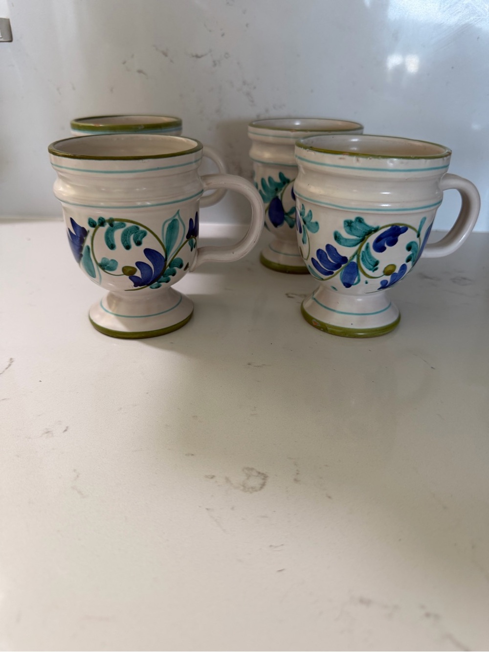 Vintage Floral Pedestal Mugs by Vintage — White with Blue and Green Accents